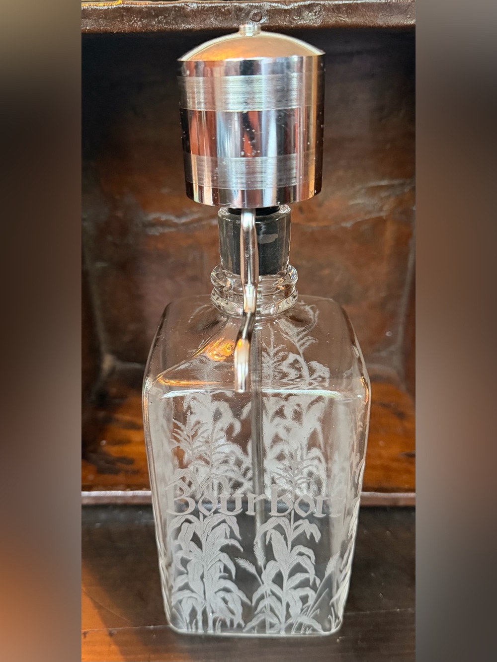 Continental Etched Glass Bourbon Dispenser with Chrome Pump Mid century modern